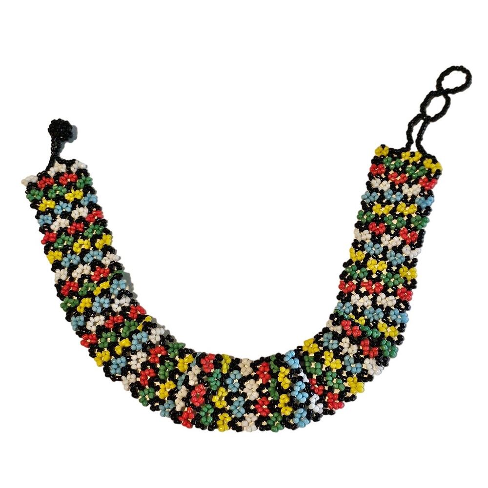 Vintage Y2K Daisy Chain Flower Choker Hippie Necklace Seed Bead